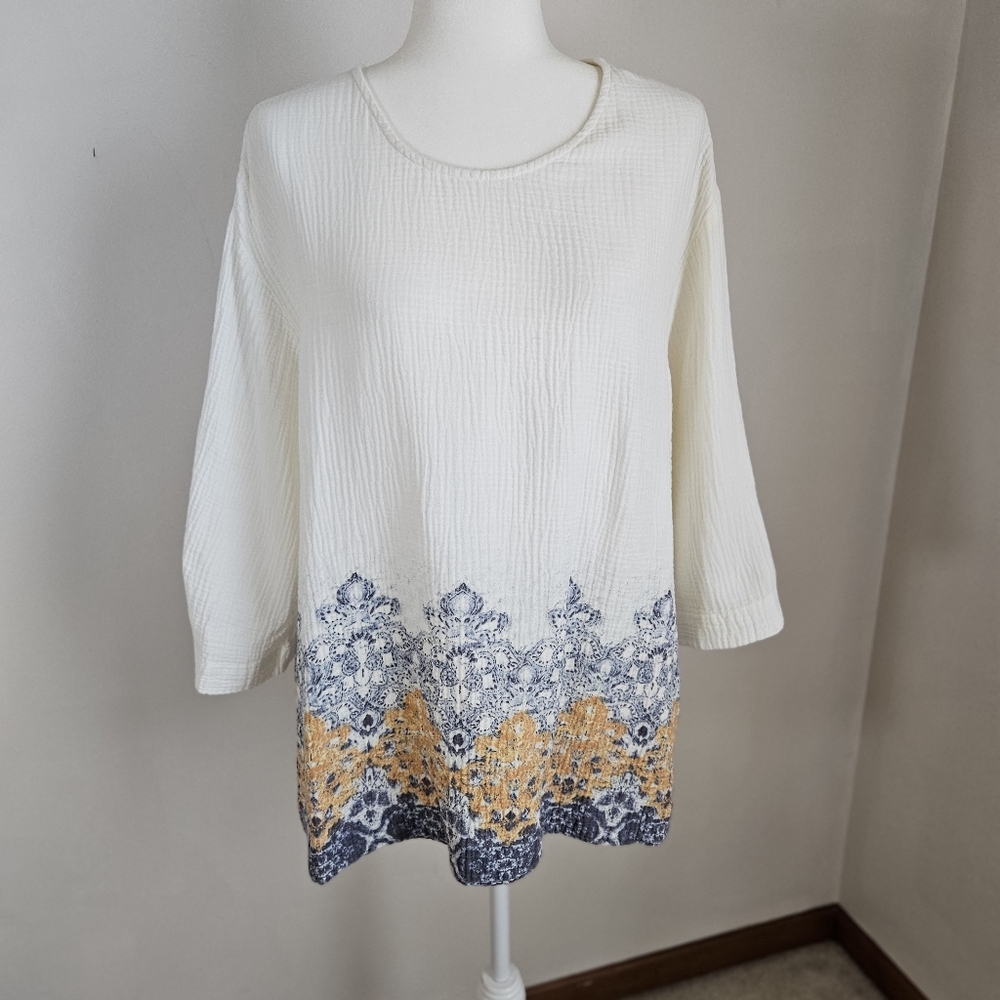 Pure Jill Gauzy Cotton 2X Top Blue Floral Print Hem Sleeves Boho Lightweight
